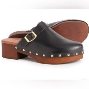 Black Leather Studded Clog Mule with Buckle